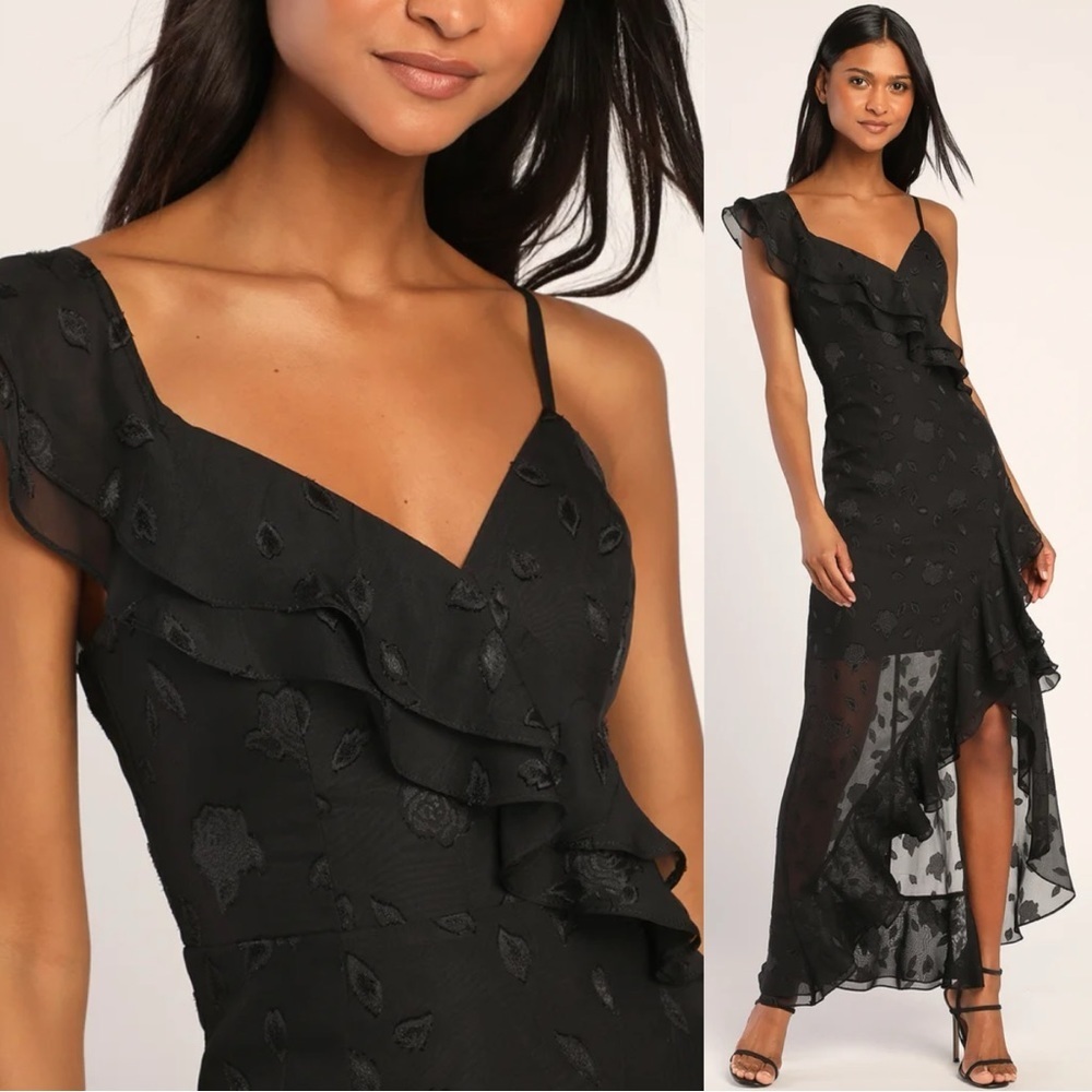 NWT Lulu’s Forever Be Black Floral Jacquard Ruffled Maxi Dress